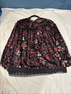 Anthropologie Black Floral Long Sleeve Blouse - Flowy Velvet Texture